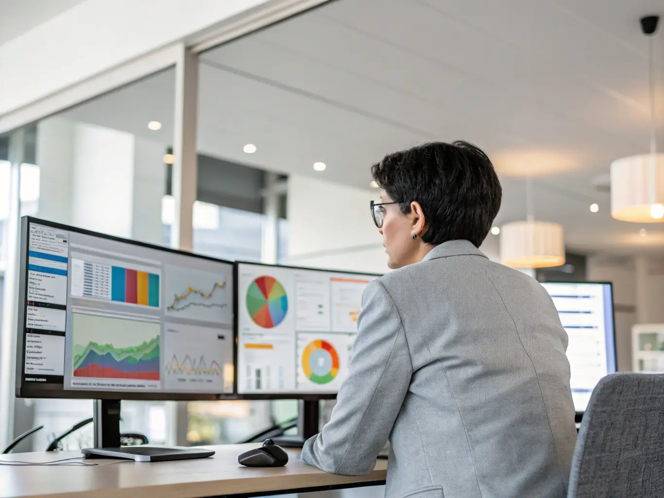 A professional analyzing market data and risk factors on multiple screens, illustrating zagrkb's expertise in risk management.