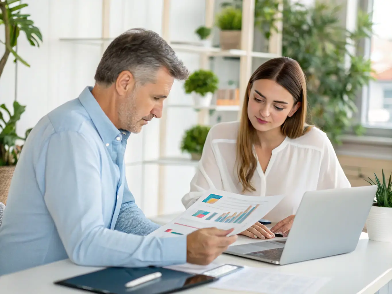 A financial advisor sitting at a desk, reviewing investment portfolios with a client in a modern office setting. The scene conveys trust, expertise, and personalized service.