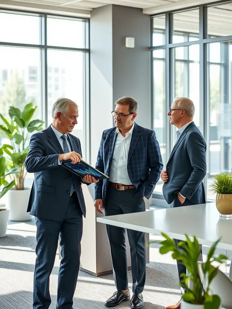 An image of a financial advisor discussing investment portfolios with a client, with charts and graphs on a digital tablet, in a modern office setting.