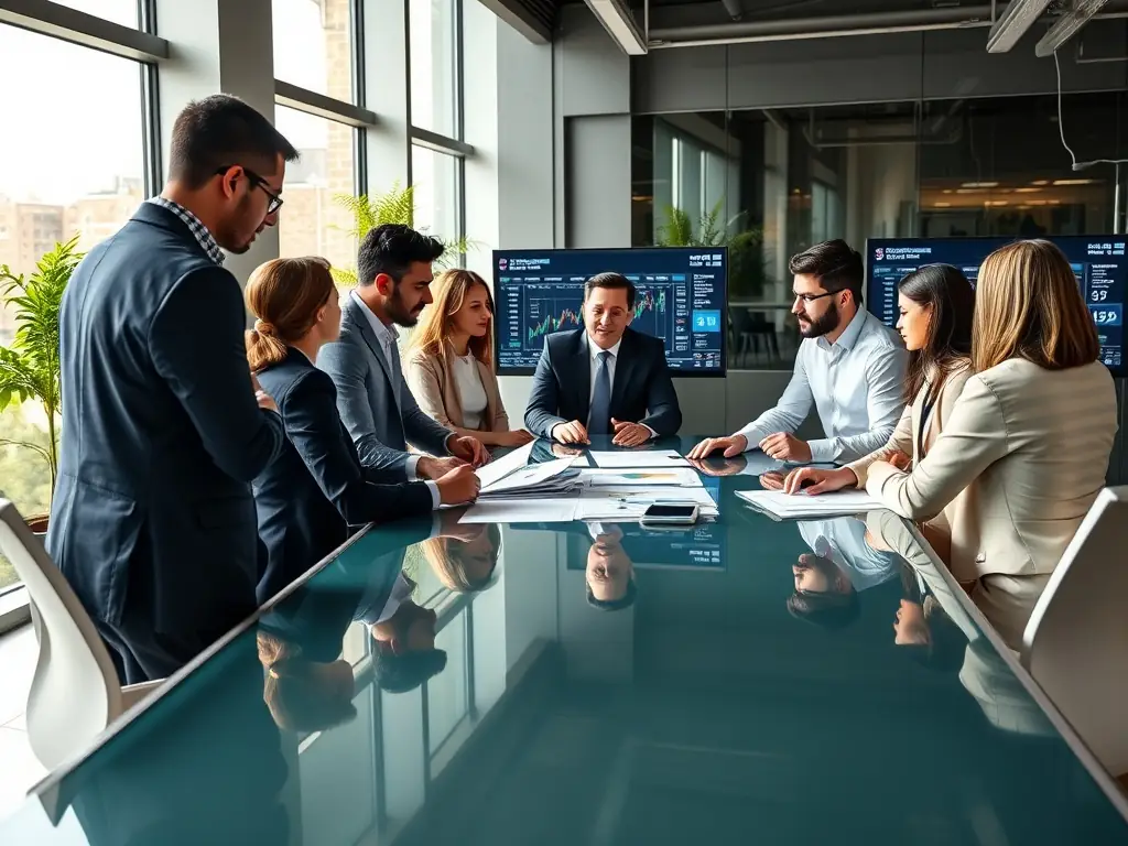 A diverse group of financial professionals collaborating on financial strategies in a bright, modern office, emphasizing teamwork and expertise.