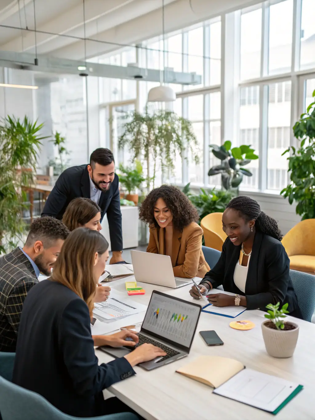 A diverse team of financial experts collaborating on a strategic plan in a modern office environment, emphasizing teamwork and expertise.