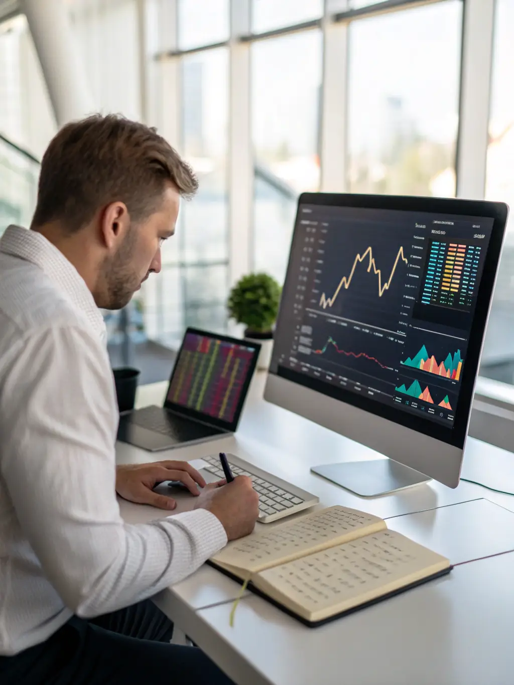 An image of a financial analyst reviewing risk assessment charts on a computer screen, with a calm and professional setting, in a well-lit office.