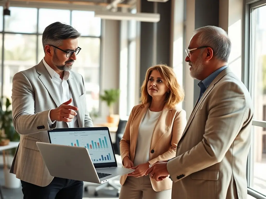 A consultant providing financial advice to a business owner in a meeting room, representing zagrkb's comprehensive consulting services.